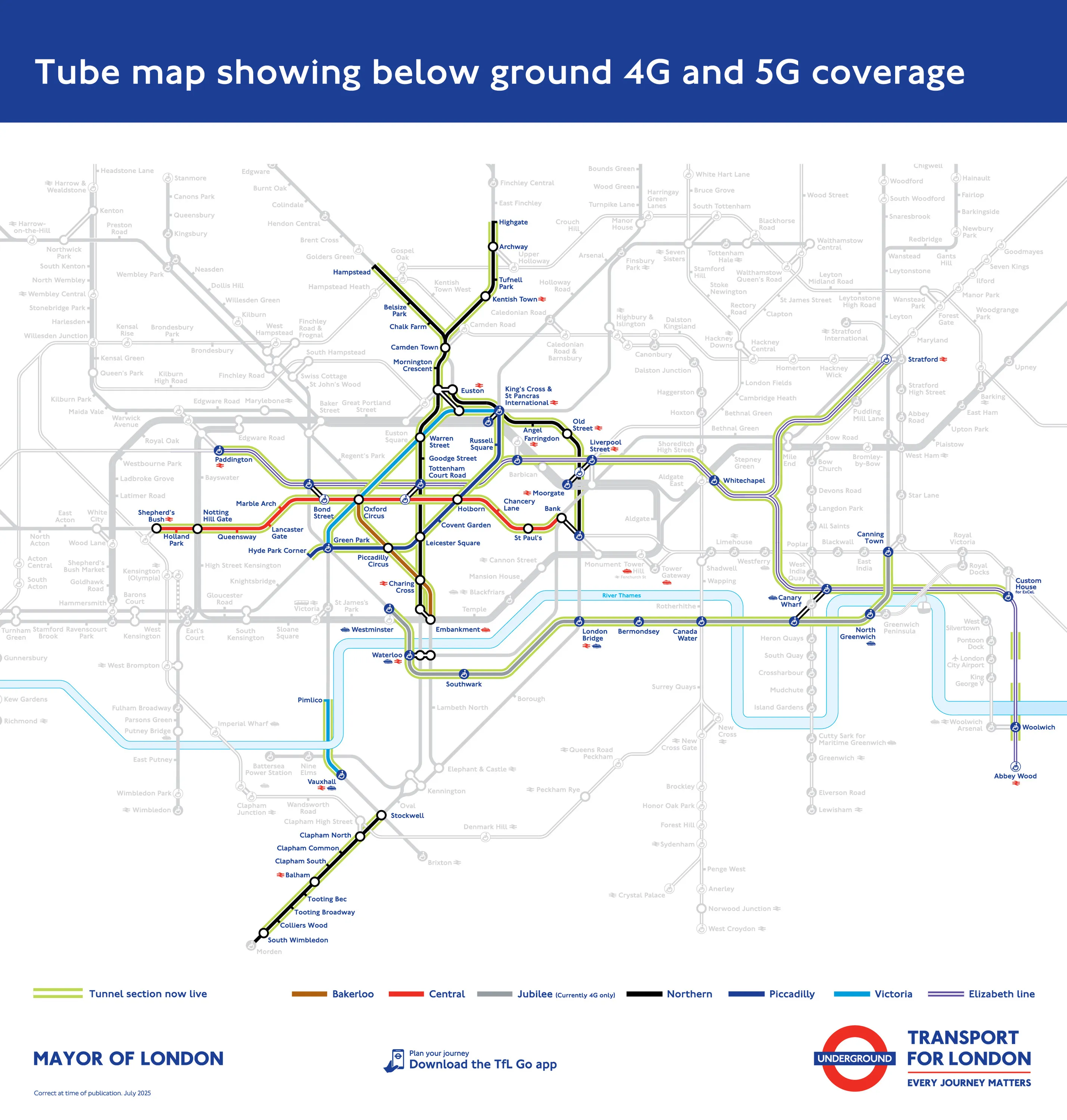 4G and 5G internet coverage on the tube, July 2025