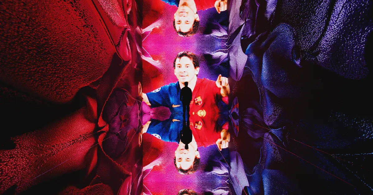 A man standing in the art exhibition of Lionel Messi
