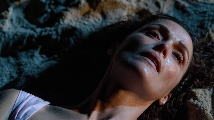 A close-up of actor Rose Byrne lying down in the sand.