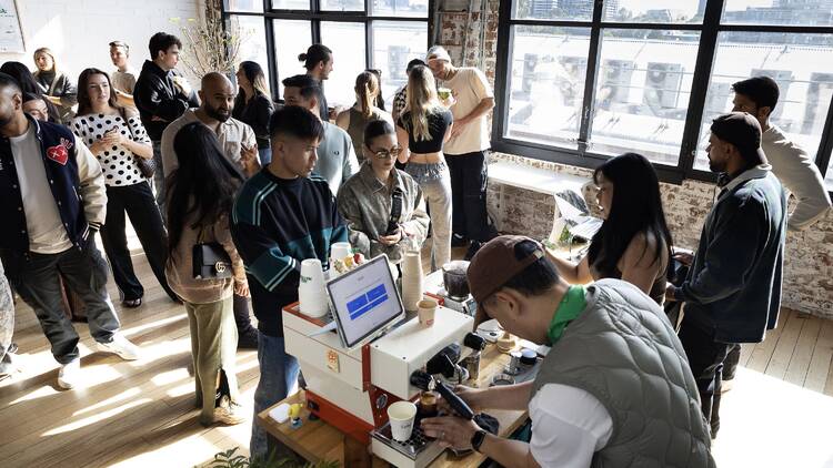 People lining up at a Mix and Matcha event.