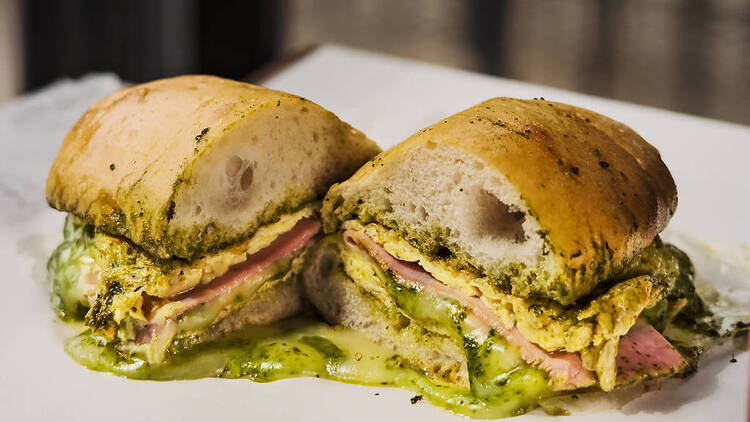 pesto eggs ham and fontina sandwich