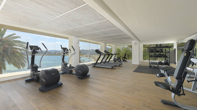 A modern gym with a view of the sea 