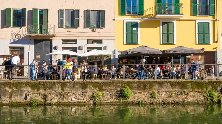 Ancient buildings overlooking the canal called Naviglio Grande in the old Navigli district.
