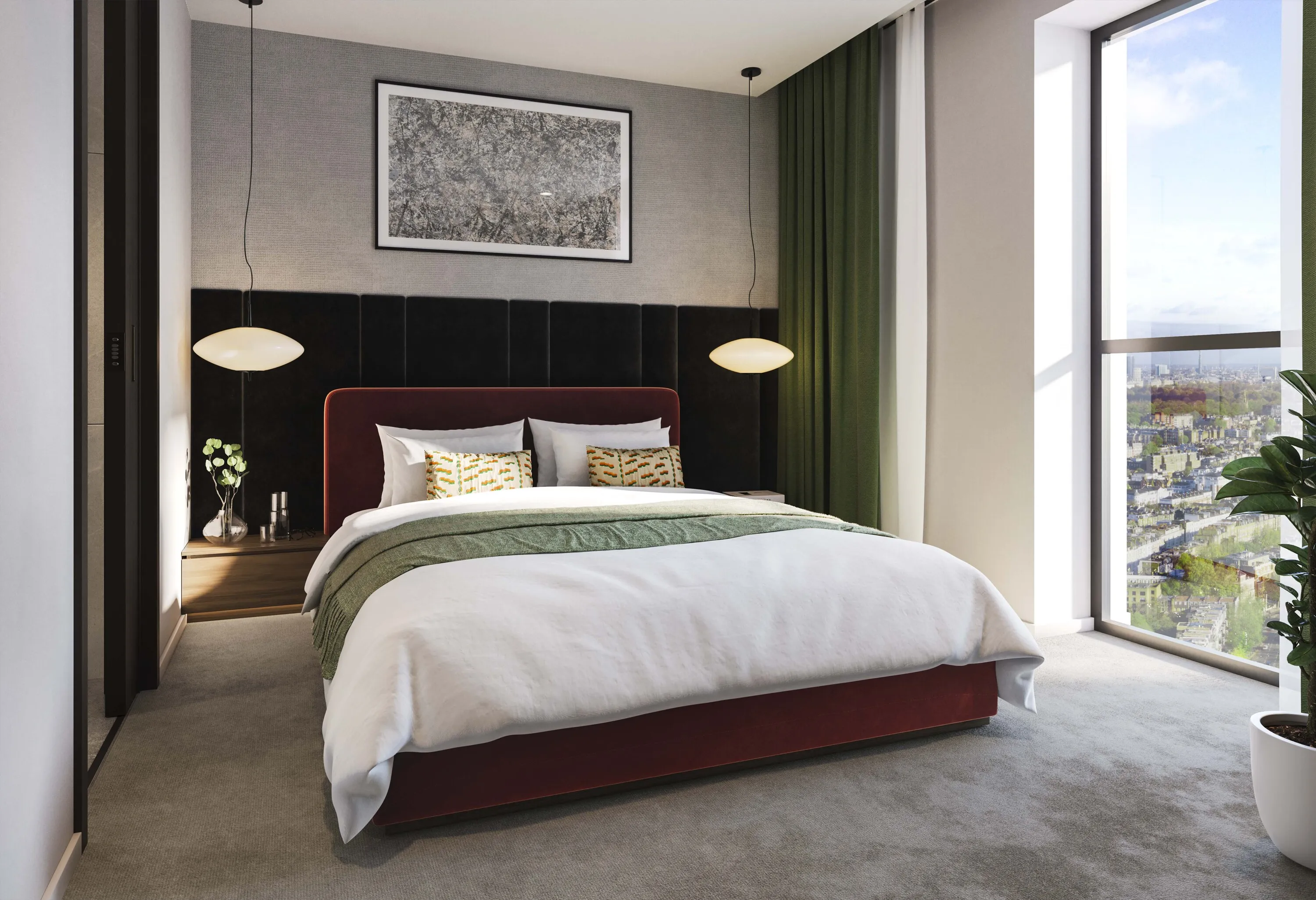 Bedroom with a large window in a high-rise apartment