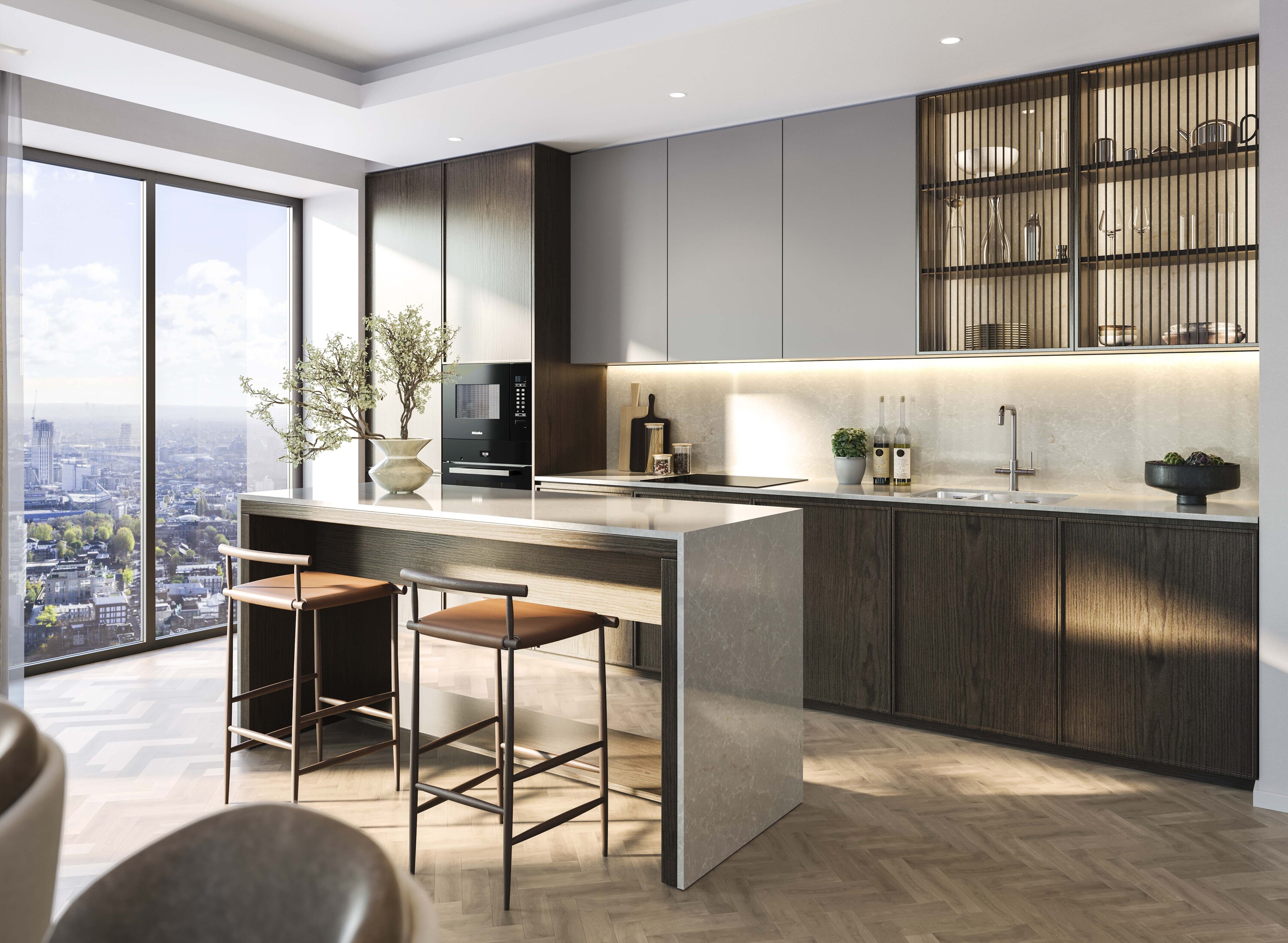 Modern kitchen with a large window in a high-rise apartment 