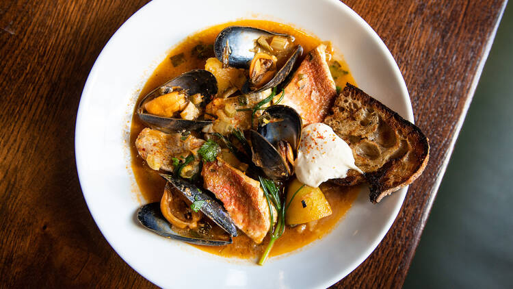 Fish stew, gurnard, poached fennel, mussels, saffron potatoes and aioli at the Palmerston, Edinburgh