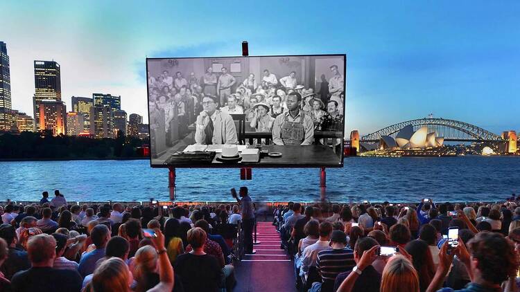 Outdoor cinema screen over Sydney Harbour