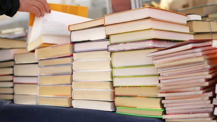 Pile of books in a bookshop
