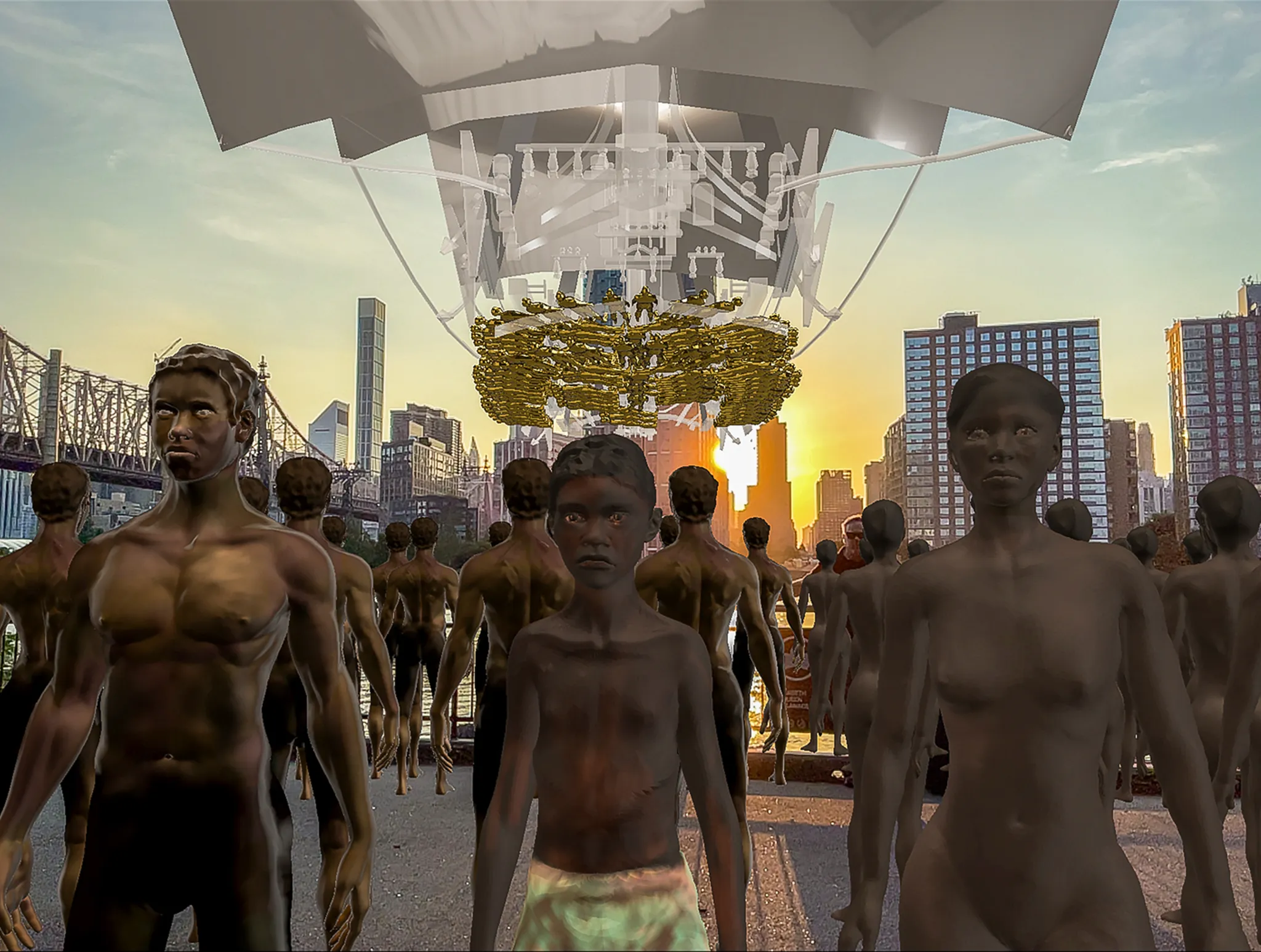 Golden statues of enslaved people suspended above viewers