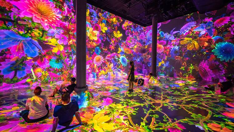 People sitting in a floor to ceiling digital art display of colorful flowers