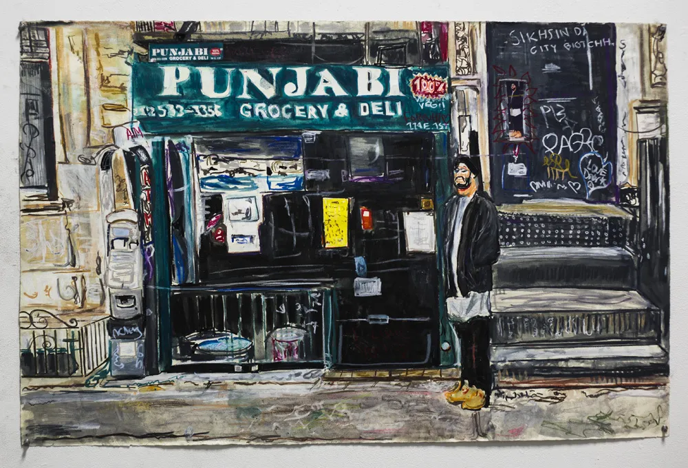 A painting of a person standing in front of a deli.