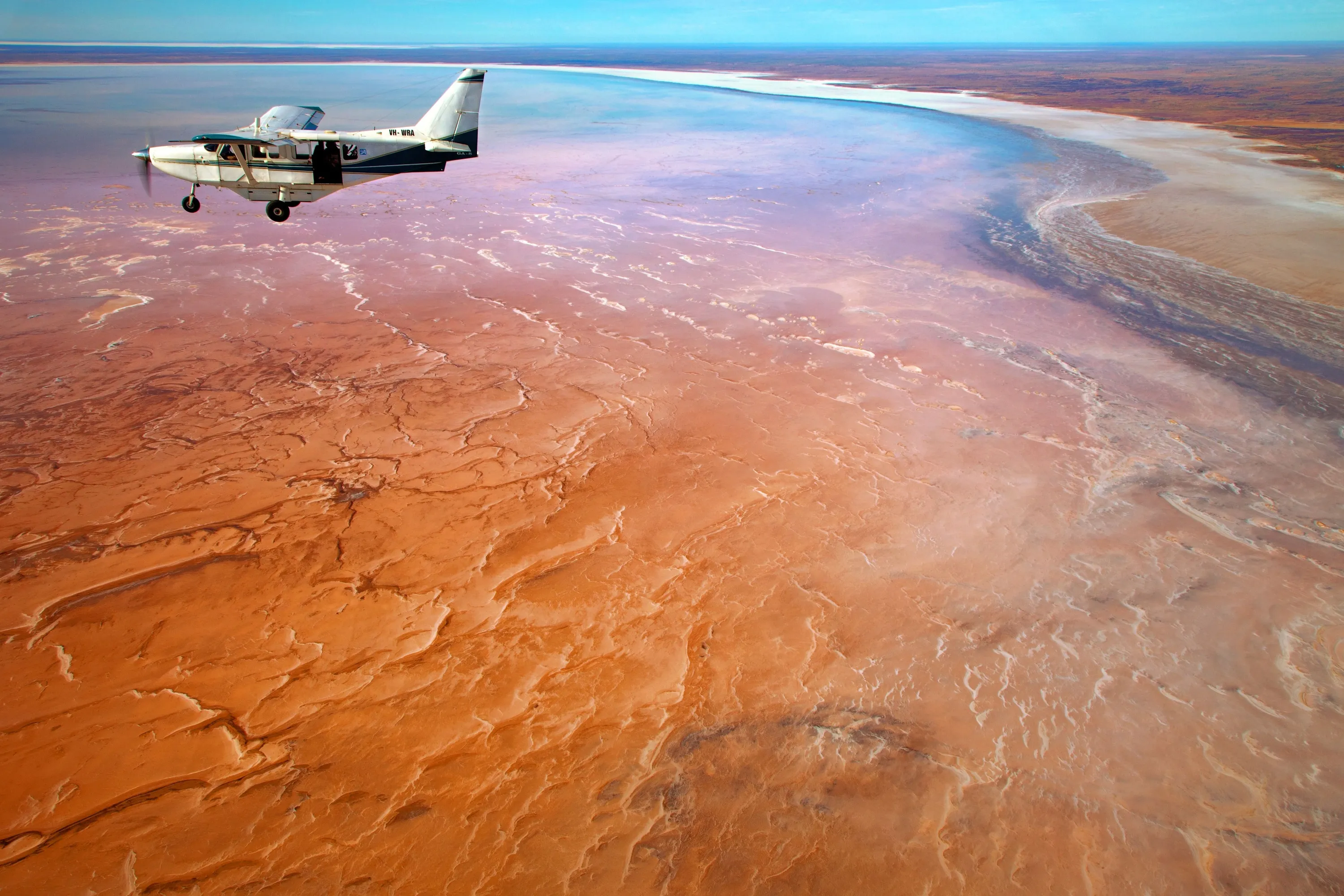 Aerial view of pink lake
