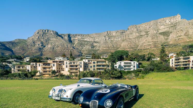 Vintage cars in front of Table Mountain