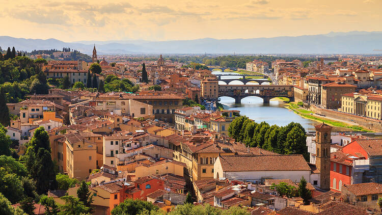The buildings and river in Florence, Italy
