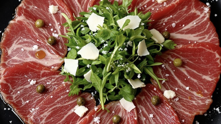 A dish of beef carpaccio with capers, arugula and cheese