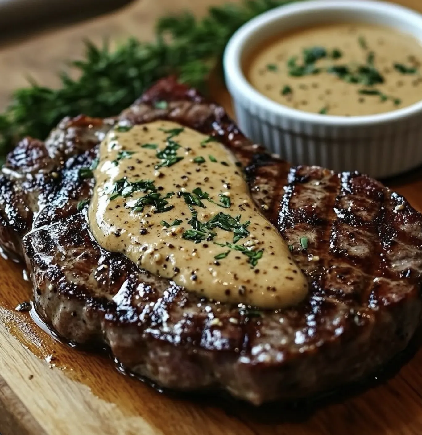 A steak with seasoned butter on it