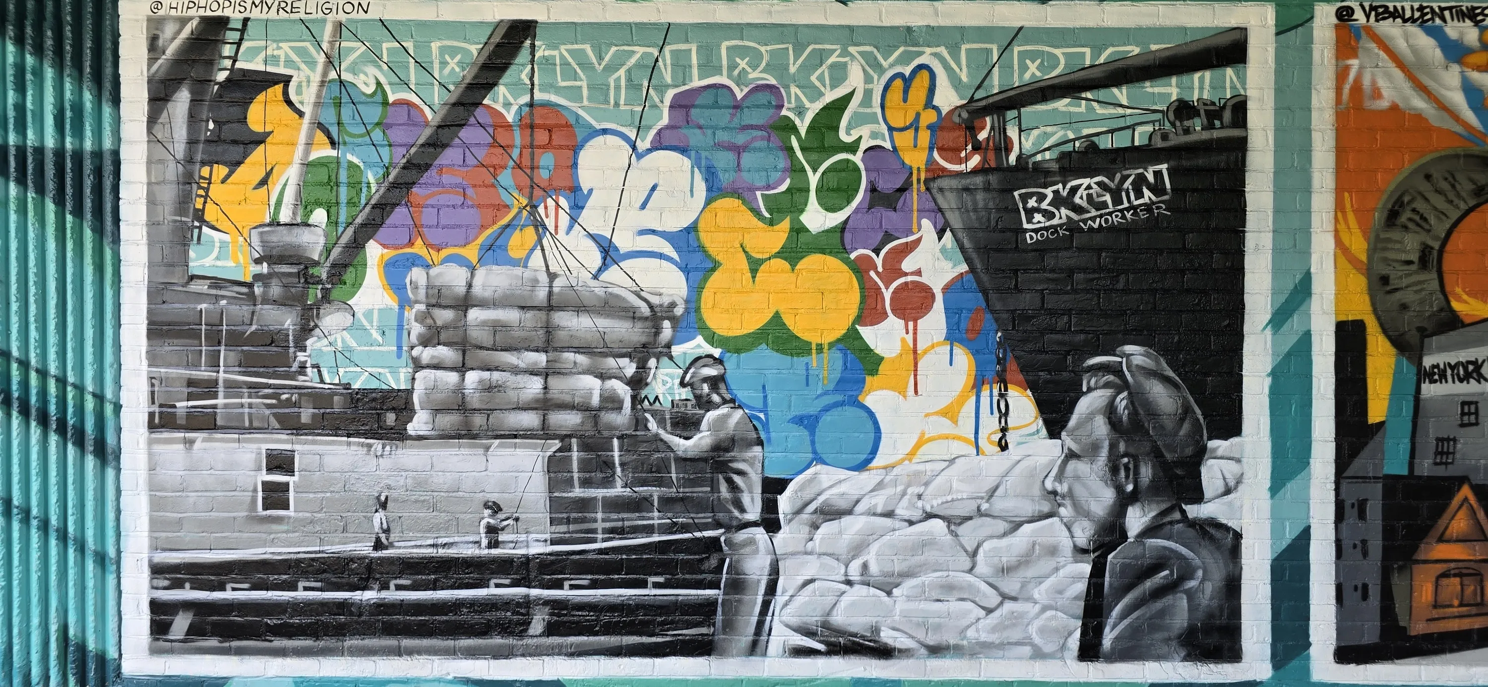 A larger mural painting of a dockworker.