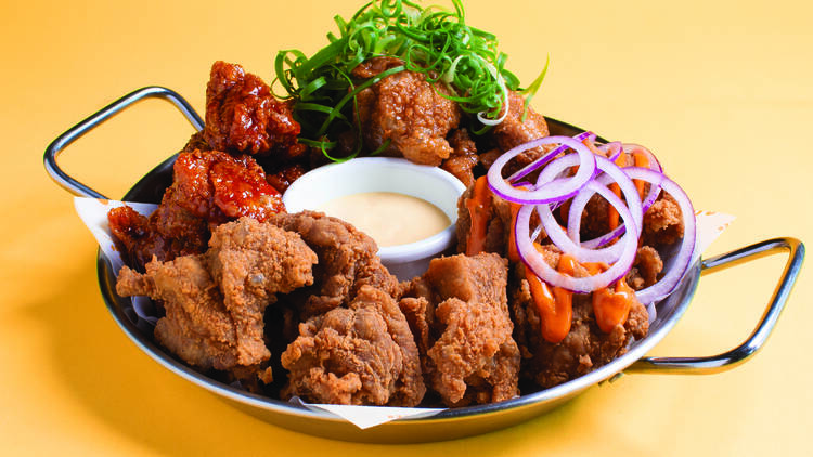 A tray of fried chicken.
