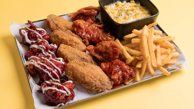 A tray of fried chicken.
