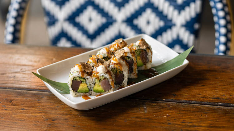 Bigfish’s signature tonhaltekercs (tuna roll) topped with truffle and spicy mayo, made with fish sourced from Europe’s finest markets.