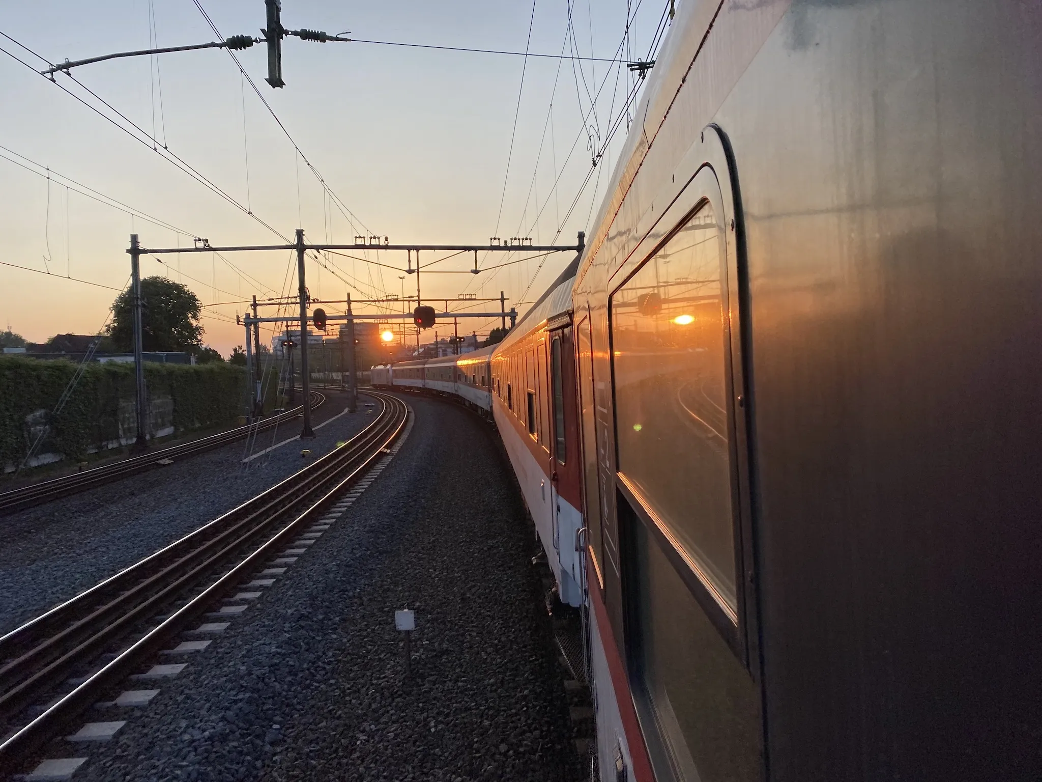 A view of the European Sleeper train as the sun is setting