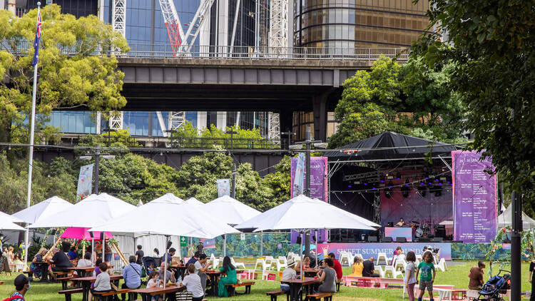 An open-air event on a lawn in The Rocks