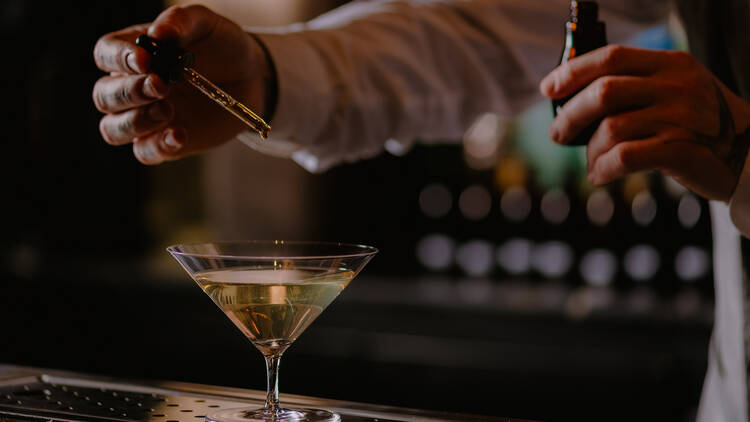 A person dropping liquid into a Martini
