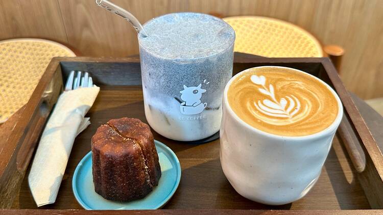 EG Coffee Rum canele, Ice black sesame latte, Flat white