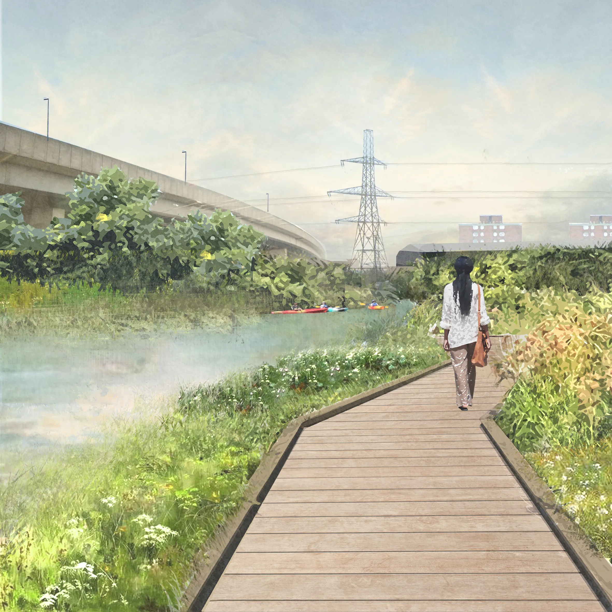 Riverside walkway surrounded by green plants