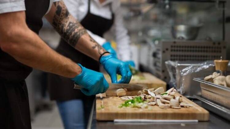 Chopping board in restaurant kitchen