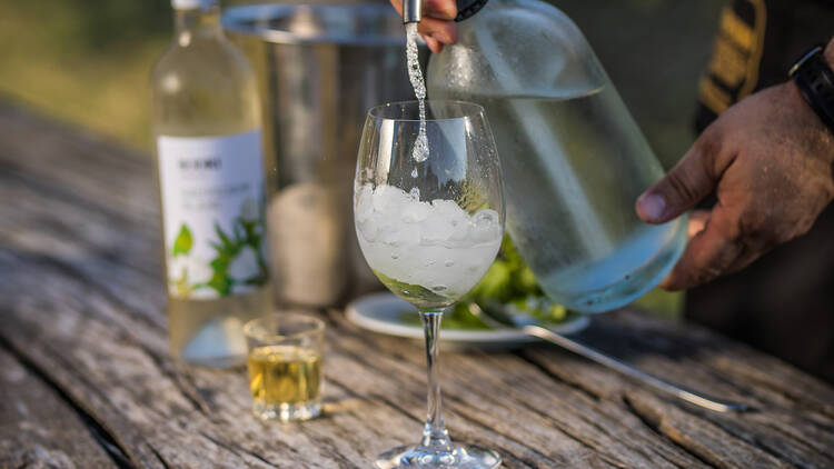 A crisp pour of Wines of Hungary white, a splash of soda