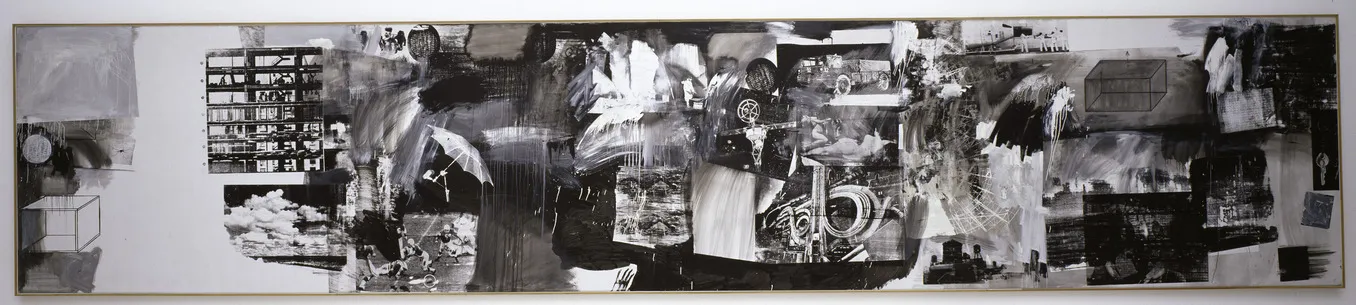 An abstract black-and-white painting.