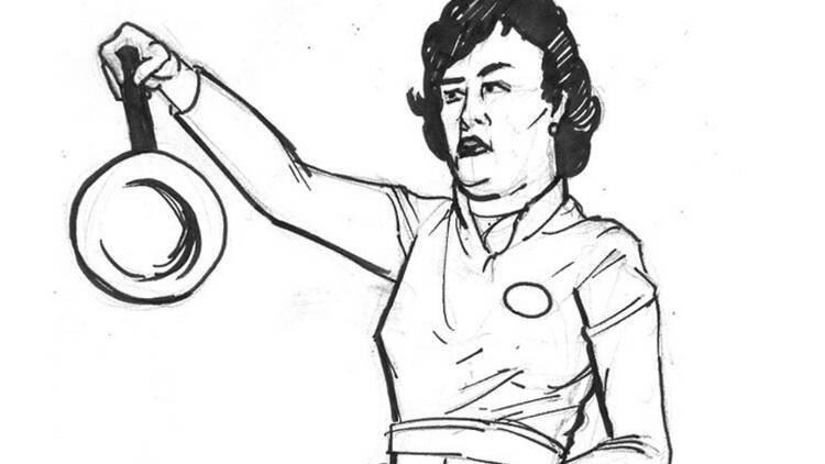 drawing of Julia Child holding a pan drawing of Julia Child holding a pan