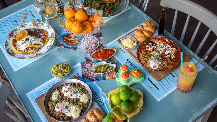 Brunch spread with juice
