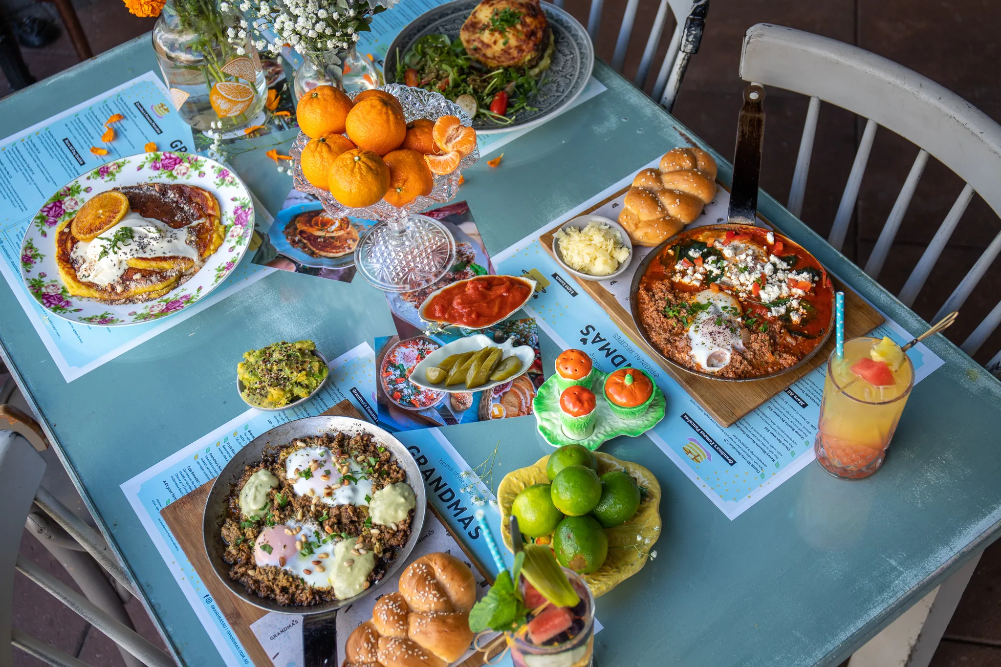 Brunch spread with juice