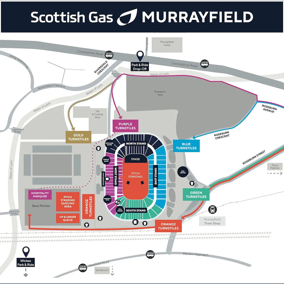 Turnstile directions for Oasis at Murrayfield Stadium