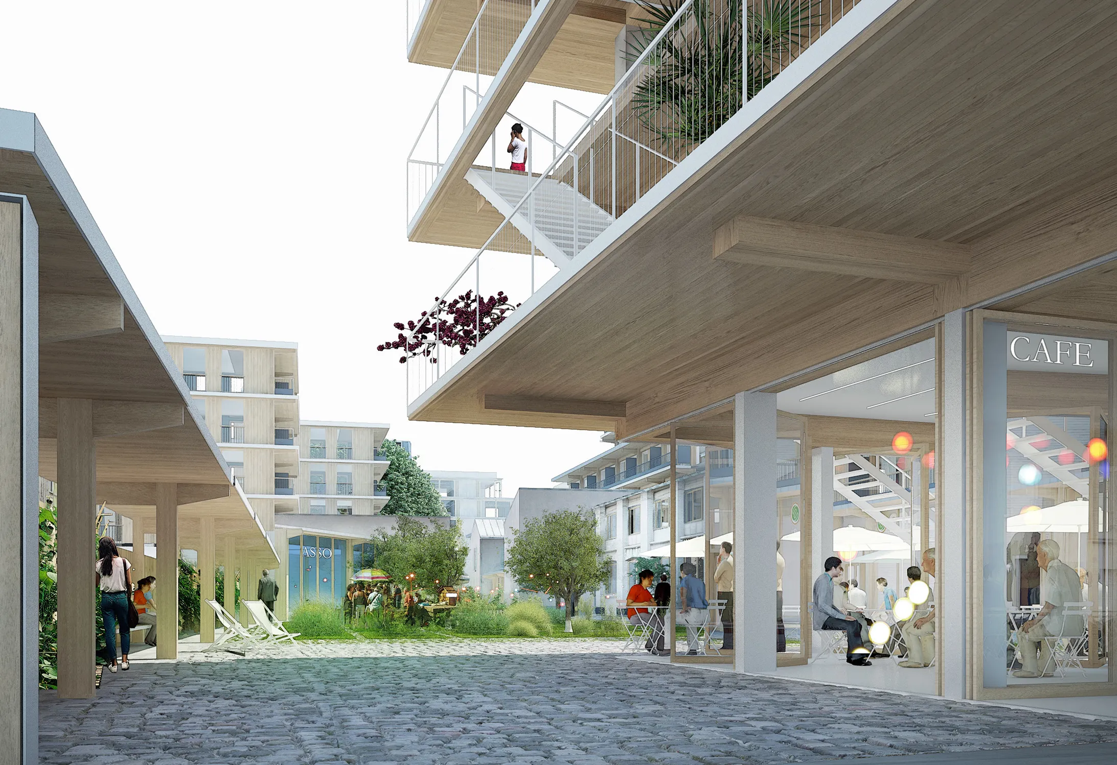 Projet côté rue Etienne Marcel, vue sur le café-cantine © Cogedim