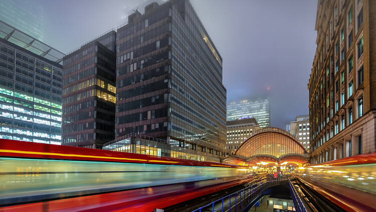 DLR, train service in London, at night