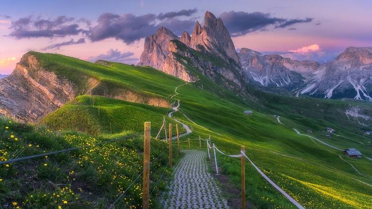 Seceda Mountain in the Dolomites, Italy, at sunset