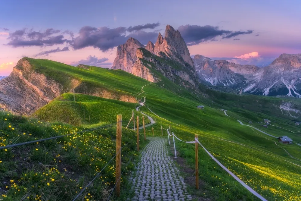 Seceda Mountain in the Dolomites, Italy, at sunset