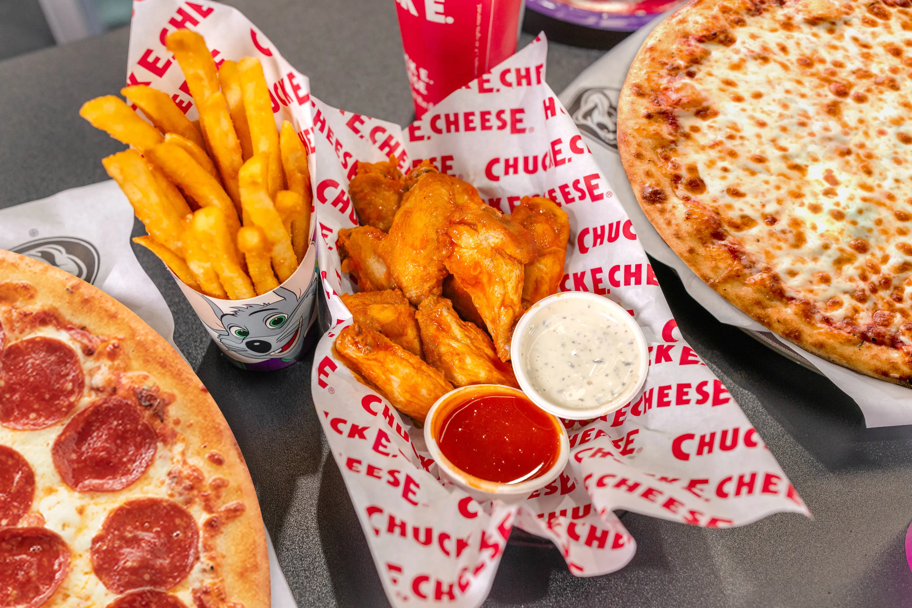 Spread of chicken wings and chips