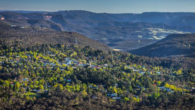 Aerial view of the Blackheath surrounded by the World-Heritage listed Blue Mountains National Park.