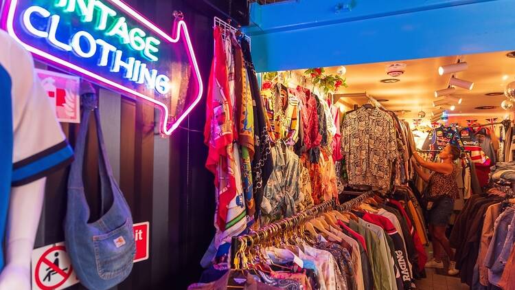 Vintage shop in Camden, London with a neon 'Vintage Clothing' sign