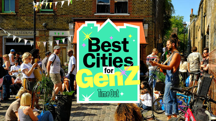 A group of people watch a performer in a street in London. A badge reading 'Best Cities for Gen Z' is overlaid.