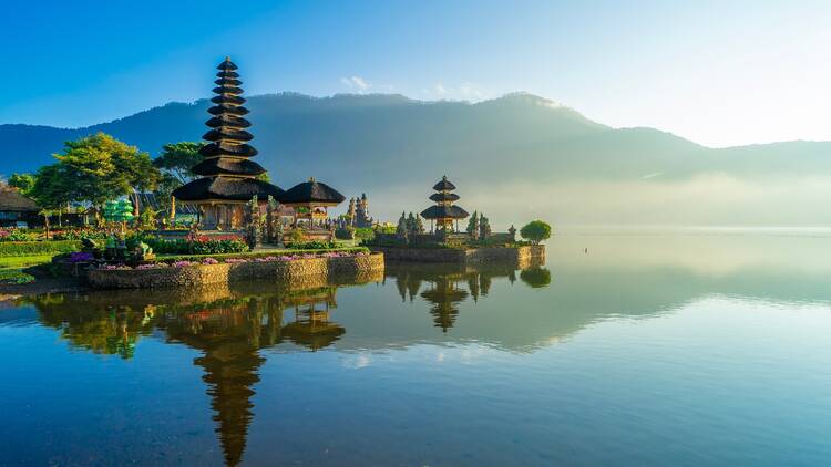 Ulun Danu Temple Bratan Lake in the morning at Bedugul, Bali, Indonesia