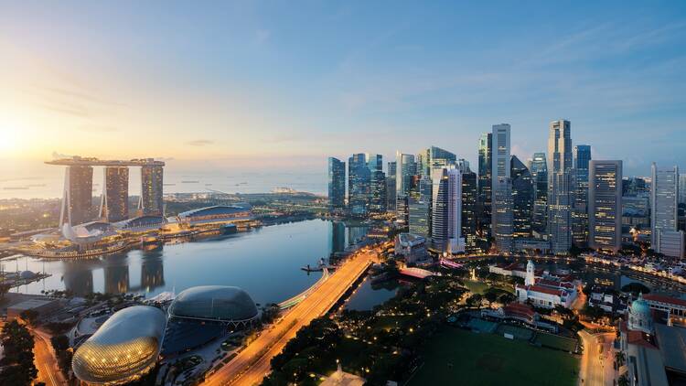 Aerial view of Singapore business district and city at twilight in Singapore, Asia