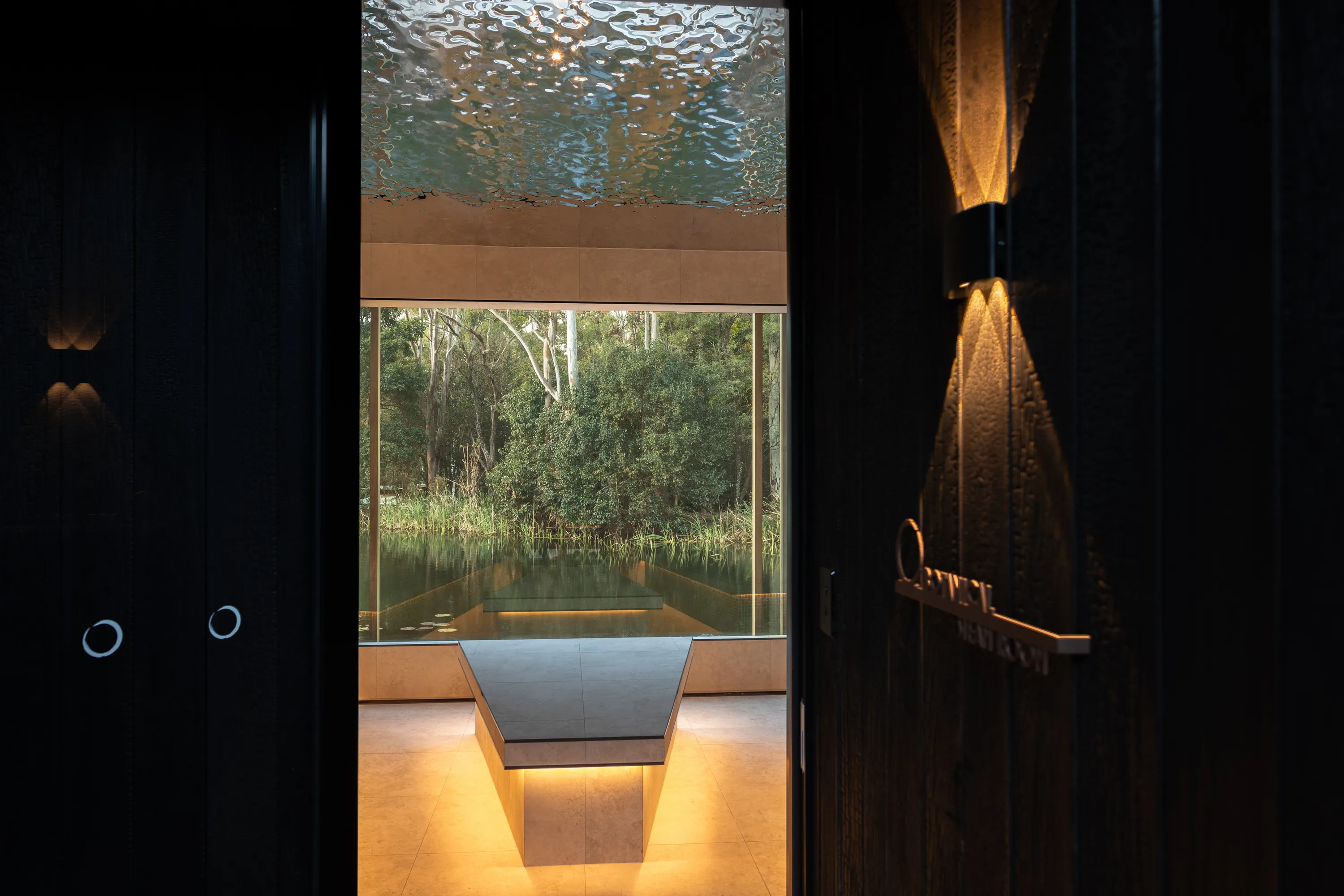 Steam room overlooking forest