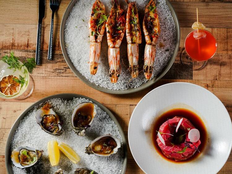 Spread of plates with seafood