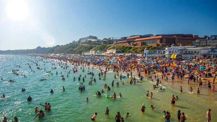 Bournemouth beach in England on a busy summer day
