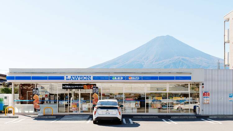 View of Mt Fuji behind a Lawson